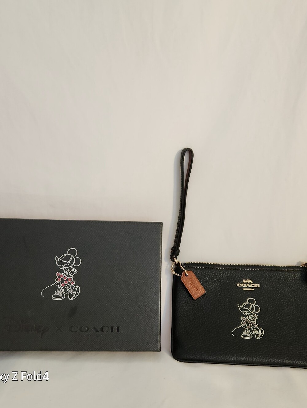Coach Black Leather Minnie Mouse Wristlet with Gold Hardware